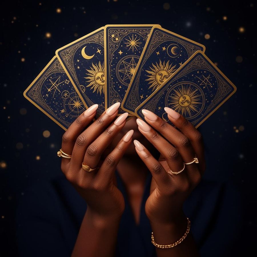 Melanated hands with a gilded manicure gently fanning an ornate gold-foiled celestial tarot deck